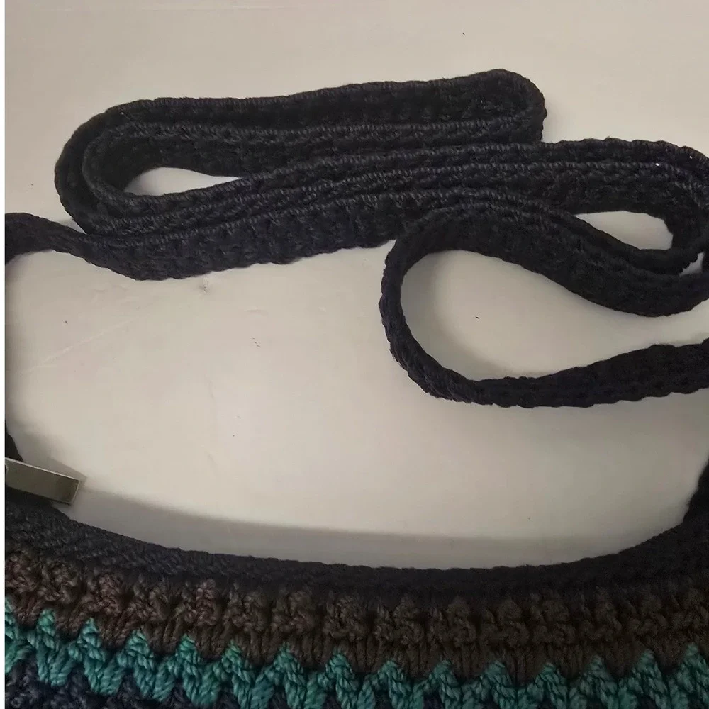 Vintage Y2K The Sak Crochet Crossbody Bag Navy Teal Striped Boho Shoulder Purse